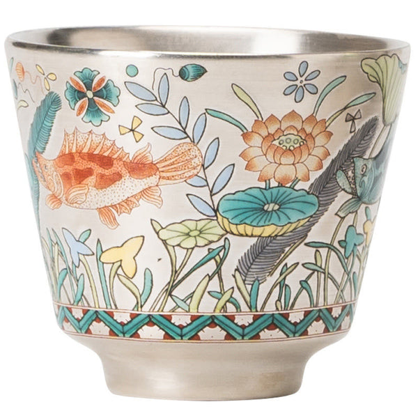 Fish Lotus Tea Cup – orange koi among lotus and water grass on white background, clean studio shot, artisan teacup