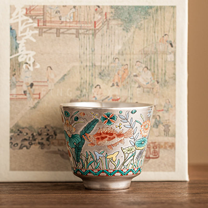 Fish Lotus Tea Cup – gift box presentation with fish lotus teacup and accessories, ceramic gift set
