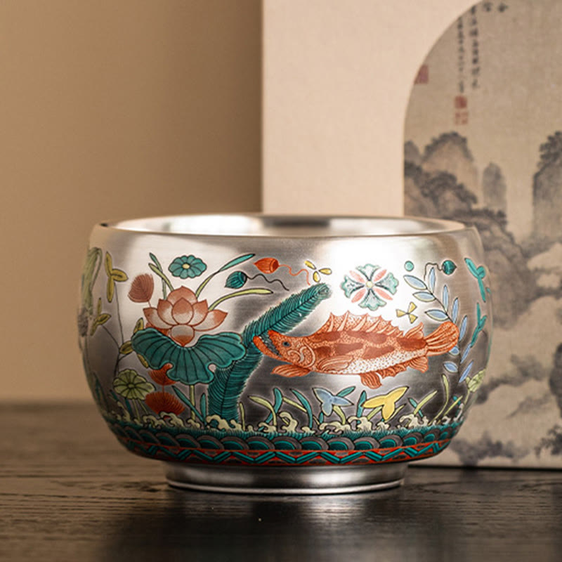 Ceramic Kung Fu Tea Cup Gift Set – Silver-glazed cup with fish-and-lotus enamel, on wood with scroll, Heritage Art
