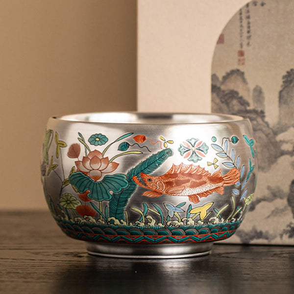 Ceramic Kung Fu Tea Cup Gift Set – Silver-glazed cup with fish-and-lotus enamel, on wood with scroll, Heritage Art