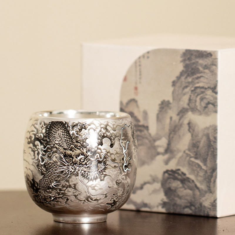 Ceramic Kung Fu Tea Cup Gift Set – Dragon relief cup in silver with ink-wash box, Imperial Dragon