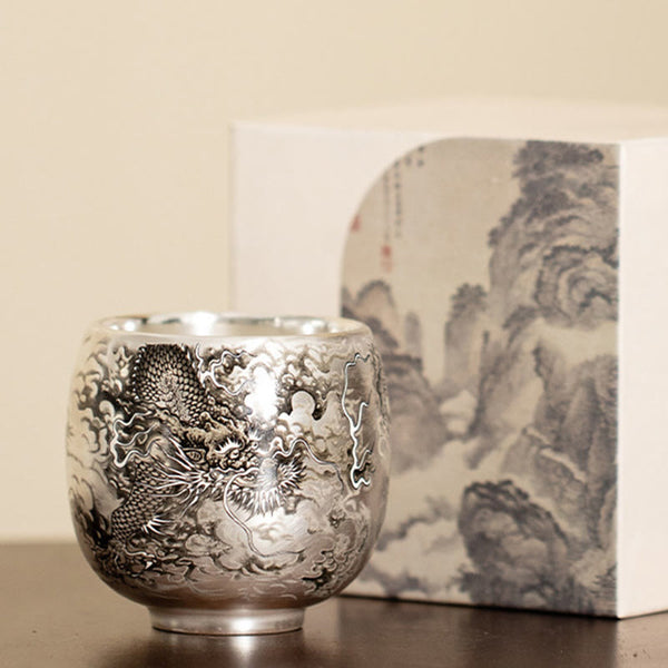Ceramic Kung Fu Tea Cup Gift Set – Dragon relief cup in silver with ink-wash box, Imperial Dragon