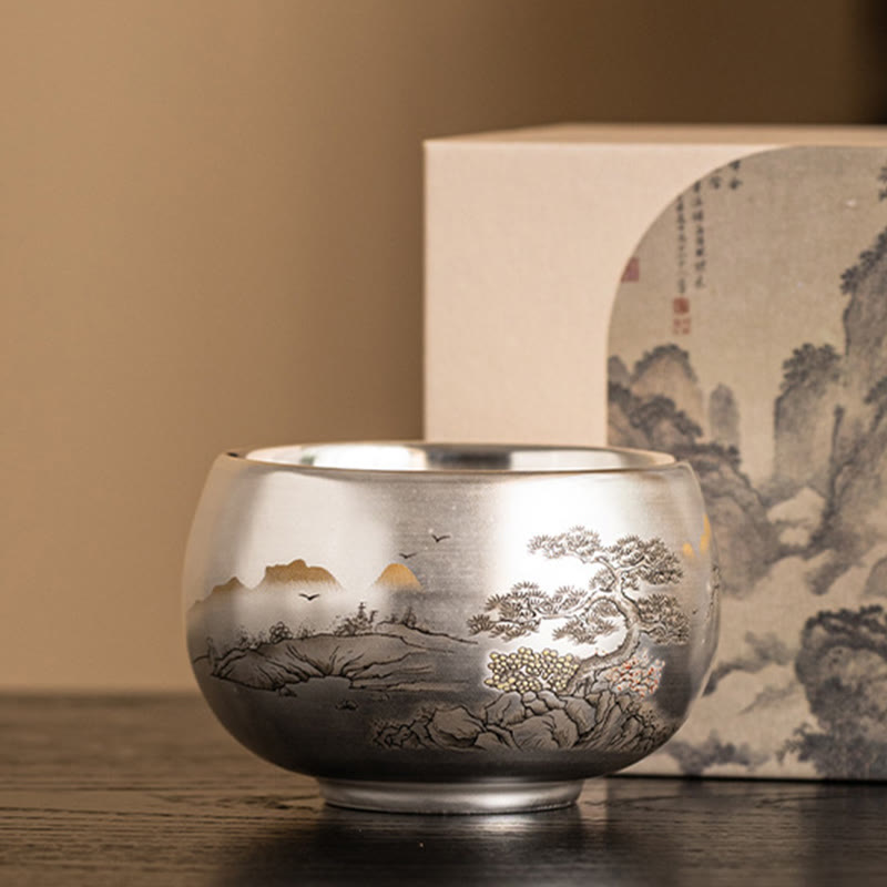 Ceramic Kung Fu Tea Cup Gift Set – Landscape cup with gold-accented peaks beside seal-stamp box, Gilded Heritage