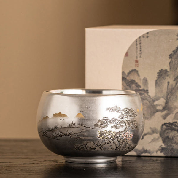 Ceramic Kung Fu Tea Cup Gift Set – Landscape cup with gold-accented peaks beside seal-stamp box, Gilded Heritage