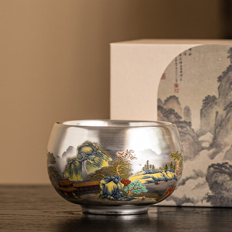 Ceramic Kung Fu Tea Cup Gift Set – Mountain landscape cup with pagoda and pine on brown, Scenic Serenity
