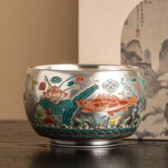 Ceramic Kung Fu Tea Cup Gift Set – Silver-glazed cup with fish-and-lotus enamel, on wood with scroll, Heritage Art