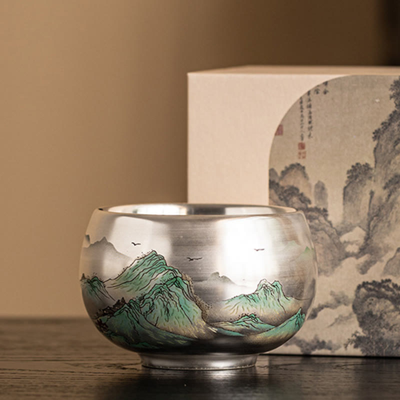 Ceramic Kung Fu Tea Cup Gift Set – Green mountain cup with flying birds beside fan-art box, Jade Peaks
