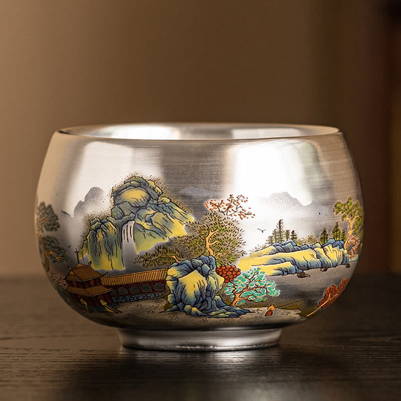 Ceramic Kung Fu Tea Cup Gift Set – Low-angle landscape cup with waterfall and birds, Panoramic Art