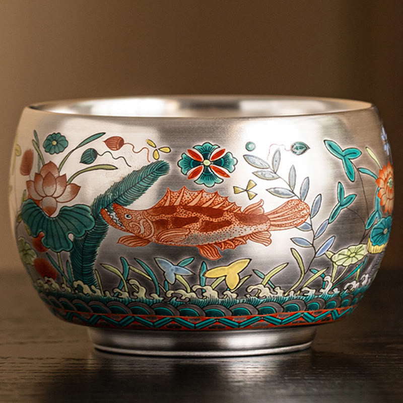 Ceramic Kung Fu Tea Cup Gift Set – Frontal view of koi fish cup with lotus on dark surface, Collector Display