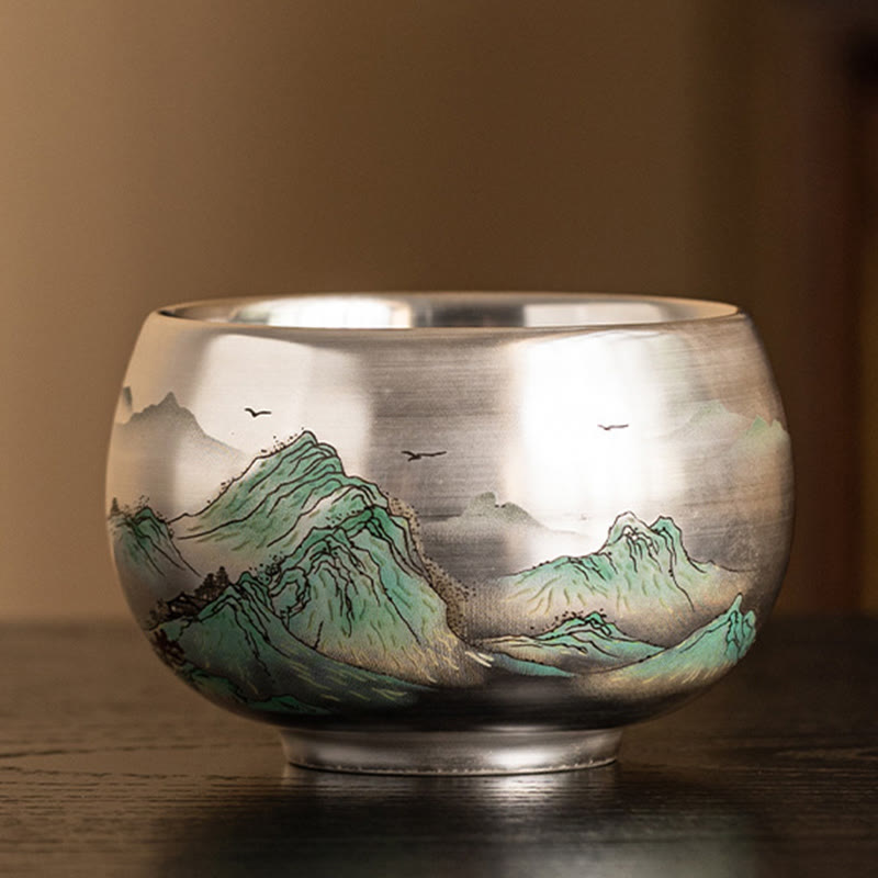 Ceramic Kung Fu Tea Cup Gift Set – Silver cup with misty green peaks and bird silhouettes, Misty Mountains