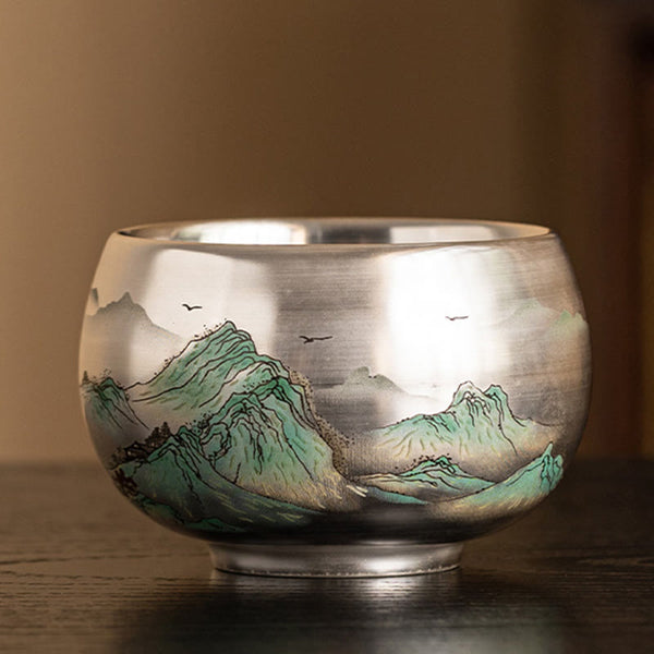 Ceramic Kung Fu Tea Cup Gift Set – Silver cup with misty green peaks and bird silhouettes, Misty Mountains