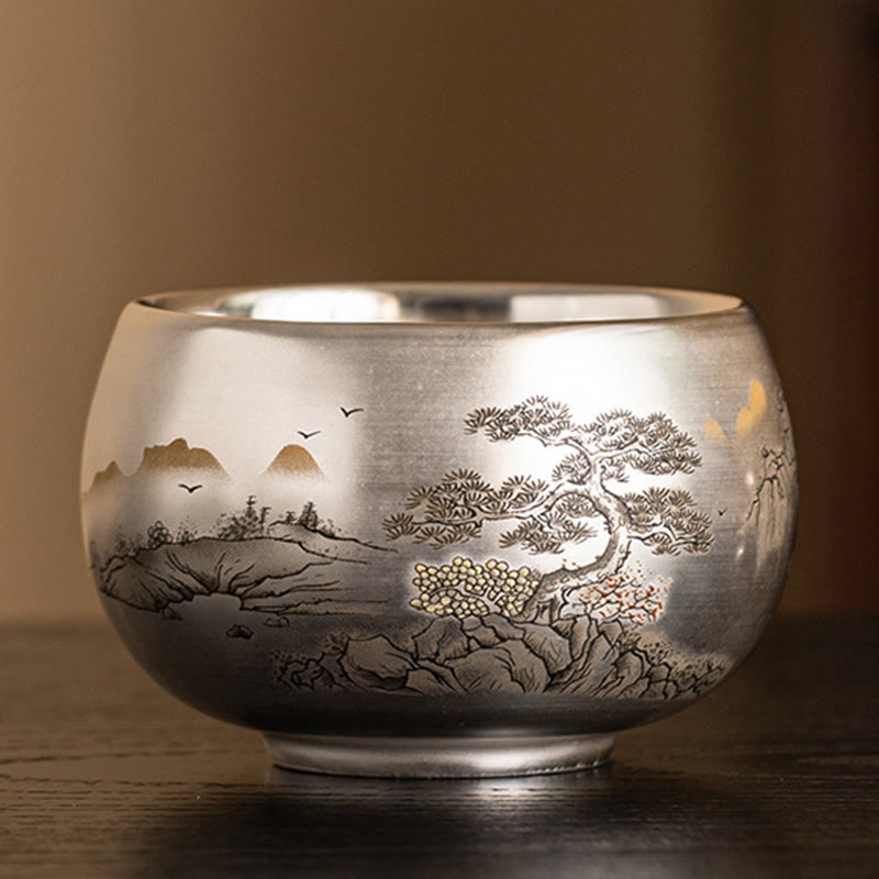 Ceramic Kung Fu Tea Cup Gift Set – Pine tree and golden mountain cup with pink blossoms, Autumn Elegance