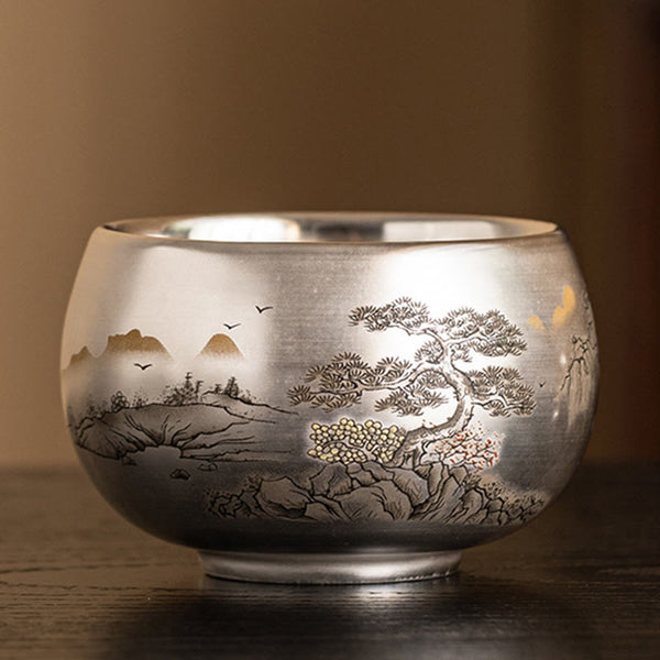 Ceramic Kung Fu Tea Cup Gift Set – Pine tree and golden mountain cup with pink blossoms, Autumn Elegance