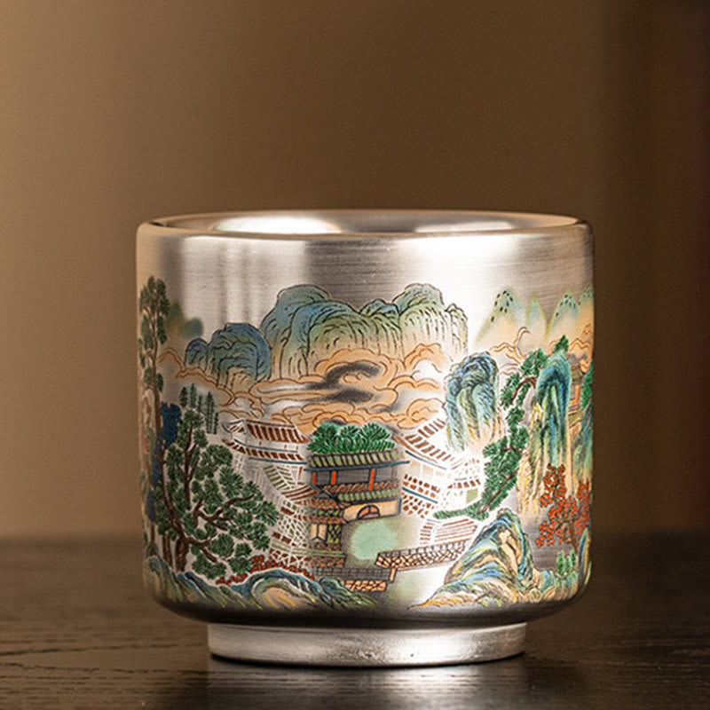 Ceramic Kung Fu Tea Cup Gift Set – Cup with landscape box, mountain and pagoda scene, Gift Pairing