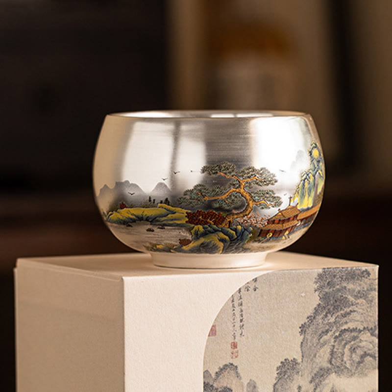 Ceramic Kung Fu Tea Cup Gift Set – Cup on matching gift box with circular mountain artwork, Elegant Pairing