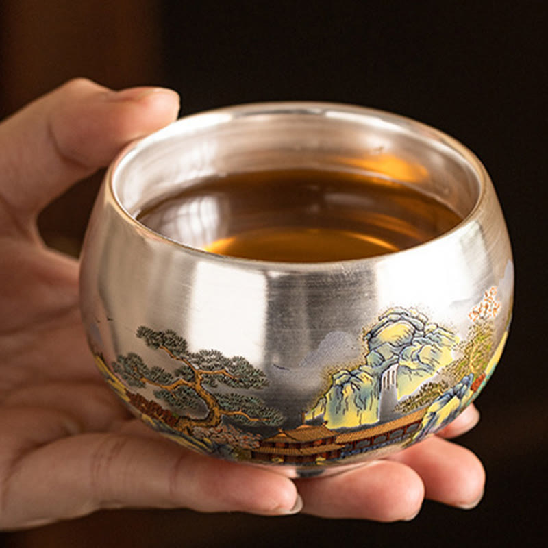Ceramic Kung Fu Tea Cup Gift Set – Hand-held landscape cup with waterfall and pavilion, Cultural Authenticity