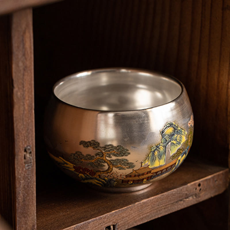 Ceramic Kung Fu Tea Cup Gift Set – Mountain landscape cup on dark wooden shelf, Cabinet Collection