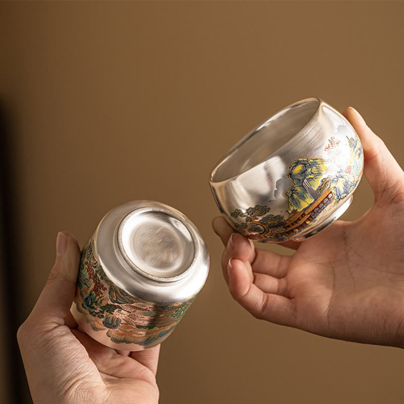 Ceramic Kung Fu Tea Cup Gift Set – Two cups held showing interior and landscape exterior, Dual Display
