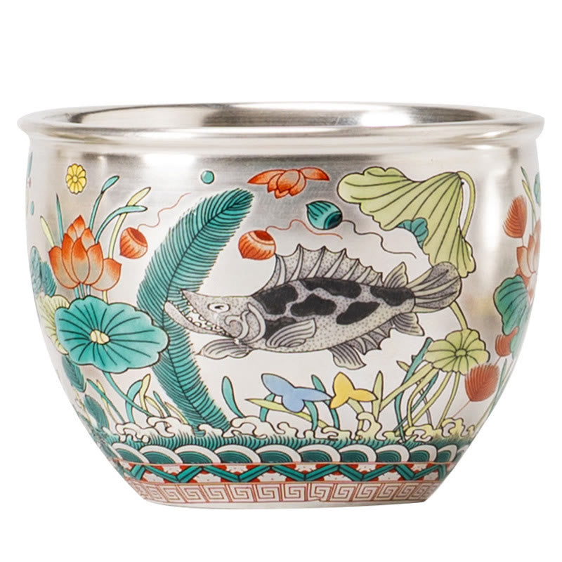 Ceramic Kung Fu Tea Cup Gift Set – White background, fish-and-lotus enamel cup with geometric border, Clean E-commerce