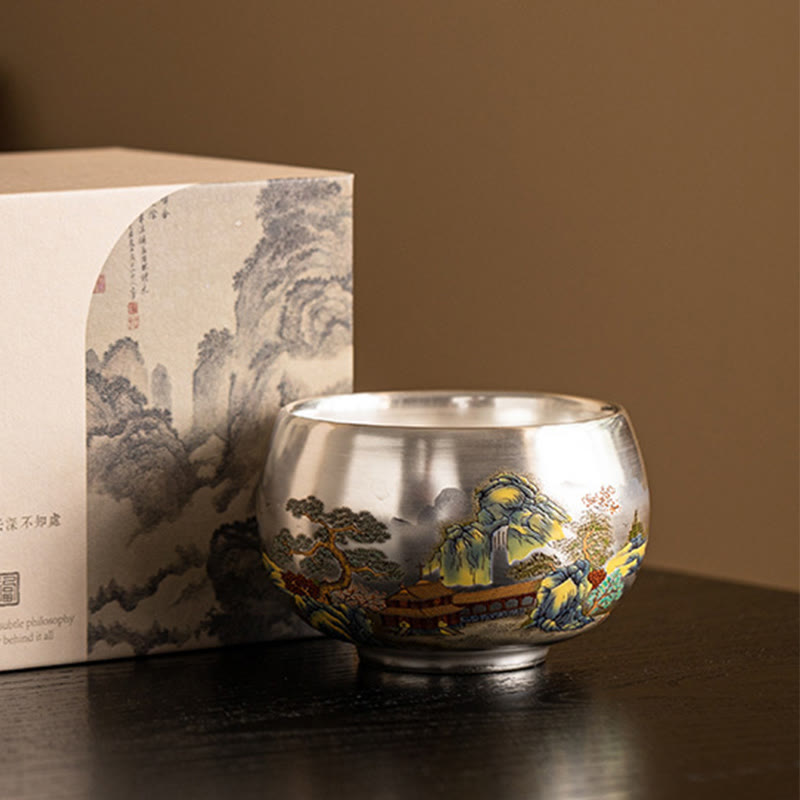 Ceramic Kung Fu Tea Cup Gift Set – Landscape cup with pine and pavilion beside ink-wash box, Classic Display