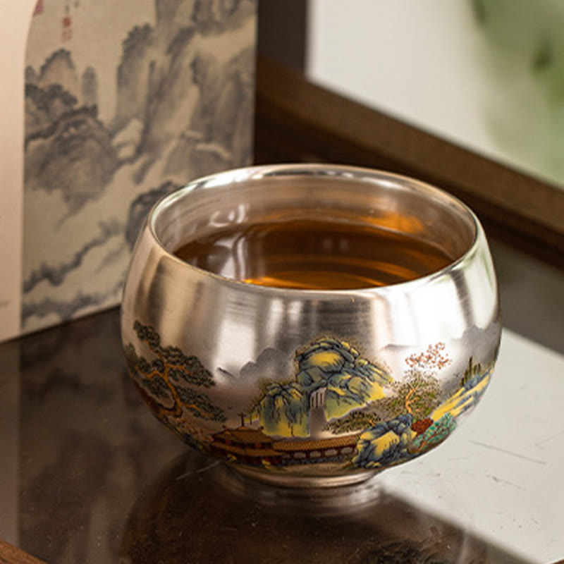 Ceramic Kung Fu Tea Cup Gift Set – Cup with tea beside landscape box and green window, Lifestyle Setting
