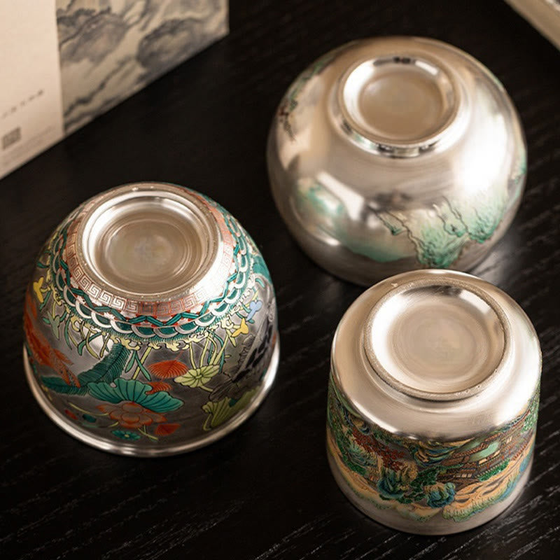 Ceramic Kung Fu Tea Cup Gift Set – Three inverted cups showing varied motifs and foot rings, Base Details