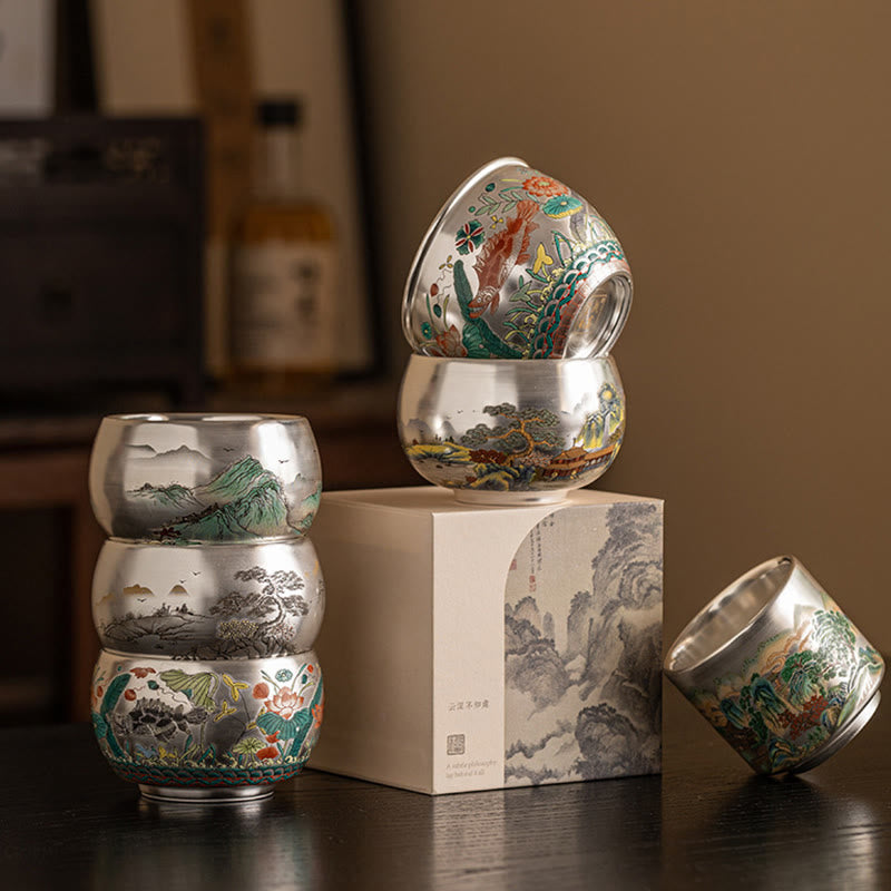 Ceramic Kung Fu Tea Cup Gift Set – Six stacked cups showing fish, landscape and floral designs, Full Set