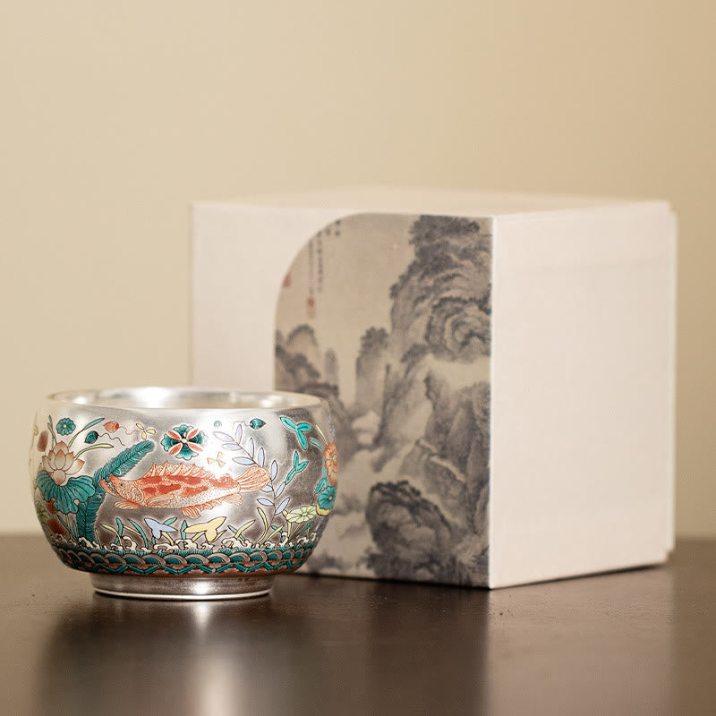 Ceramic Kung Fu Tea Cup Gift Set – Cup with gift box featuring ink-wash landscape, Tea Pouring Scene