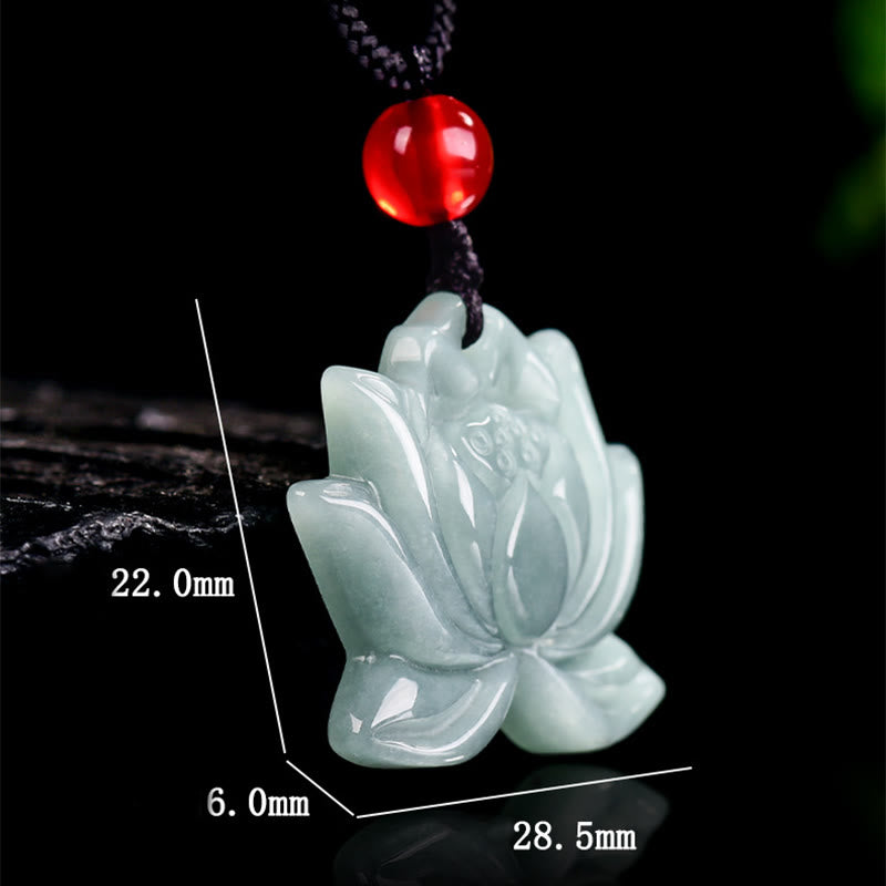 Lotus Flower Carved Jade Prosperity Necklace Pendant - jade lotus with dimension markings, detailed carving, prosperity talisman