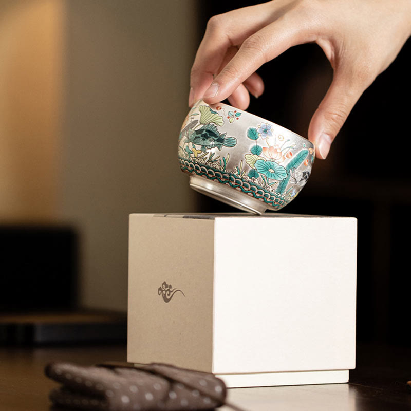Ceramic Kung Fu Tea Cup Gift Set – Cup lifted from box with fabric pouch, golden tea ambiance, Gift Unboxing