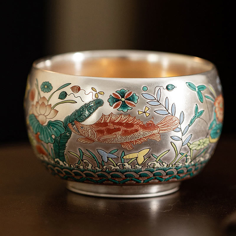 Ceramic Kung Fu Tea Cup Gift Set – Eye-level koi cup with butterflies and wave border, Artistic Detail