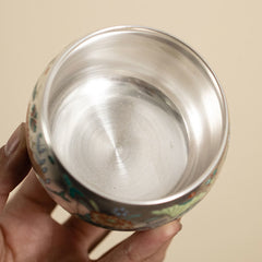 Ceramic Kung Fu Tea Cup Gift Set – Top-down view of silver interior with green rim accents, Handheld Detail