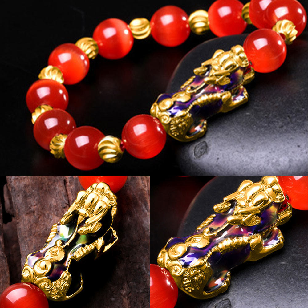 Collage of three red bracelet close-ups showing PiXiu details
