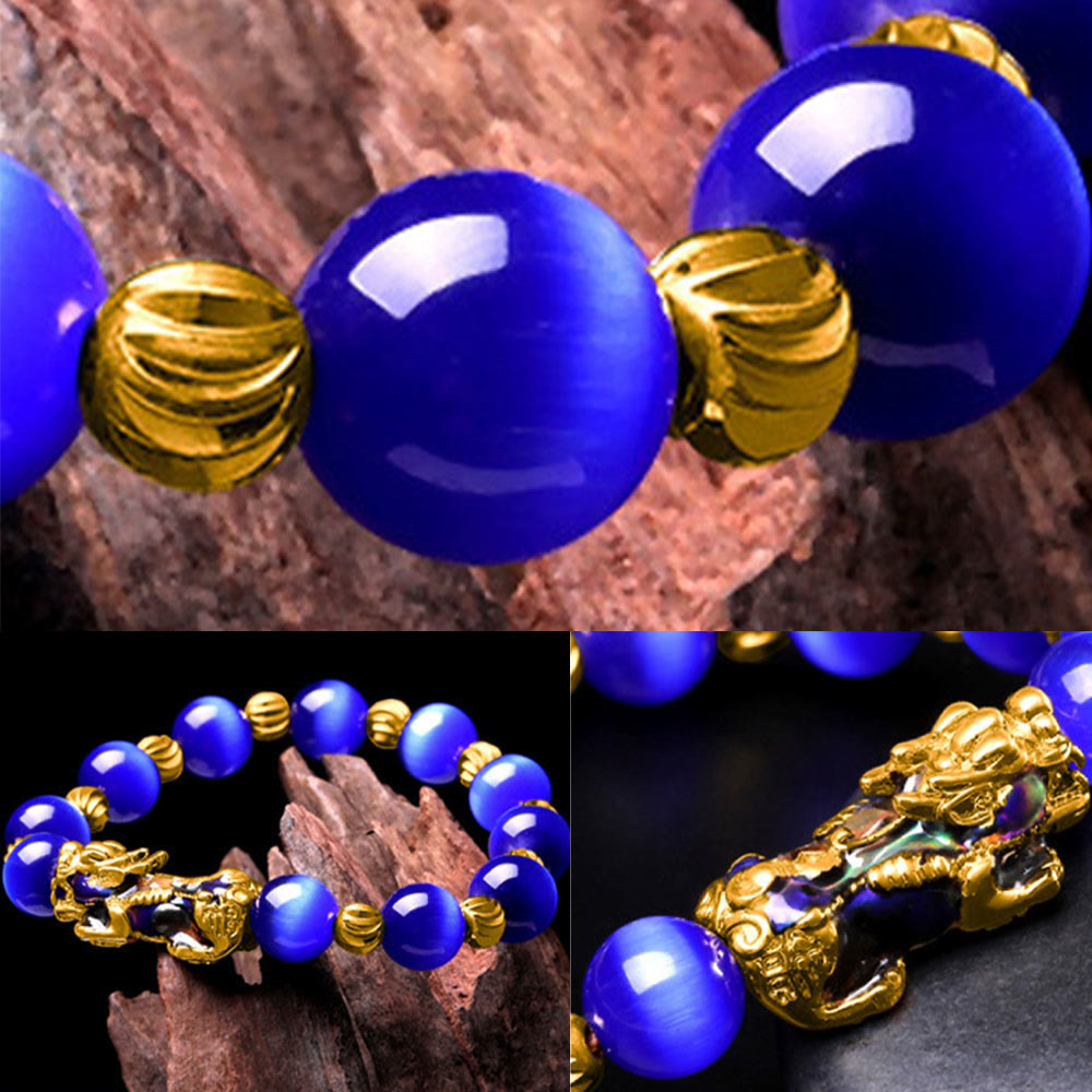 Collage of three blue bracelet close-ups showing PiXiu details