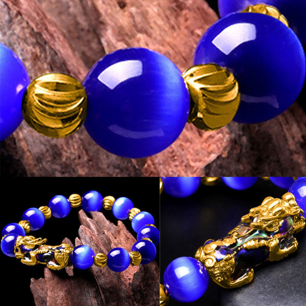 Collage of three blue bracelet close-ups showing PiXiu details