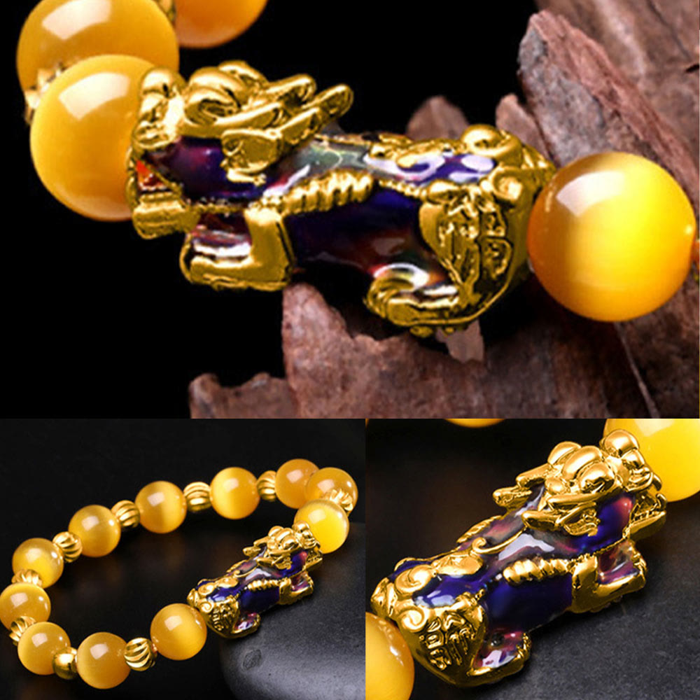 Collage of three yellow bracelet close-ups showing PiXiu details