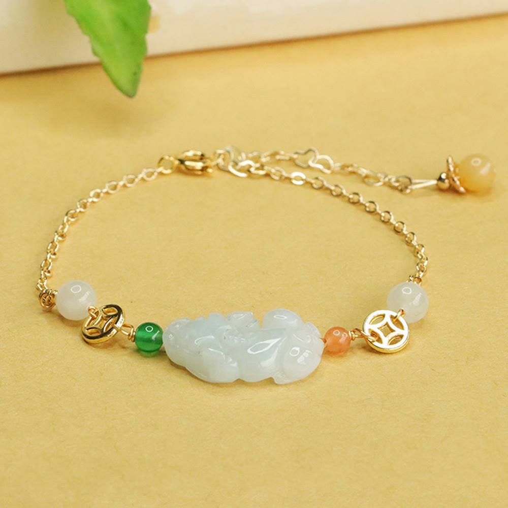 Natural Jade PiXiu Bracelet – jade Pixiu gold chain beige background green leaf, prosperity charm