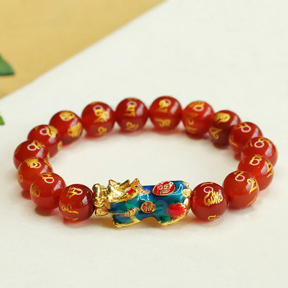Red Agate PiXiu Color Change Bracelet Om Mani Padme Hum – bright natural light on white surface warm background, good luck charm