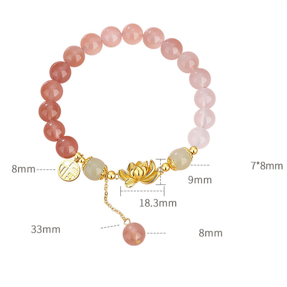 Agate & Hetian Jade Lotus Fu Bracelet – flat-lay with dimension annotations, pink beads and gold lotus centerpiece, size reference