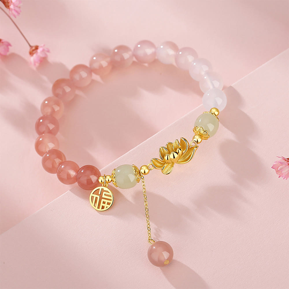 Agate & Hetian Jade Lotus Fu Bracelet – S-curve layout of pink gradient beads with gold lotus and fu disc, jade bracelet