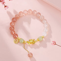 Agate & Hetian Jade Lotus Fu Bracelet – gradient pink to white beads with gold lotus and fu character pendant, beaded stretch bracelet