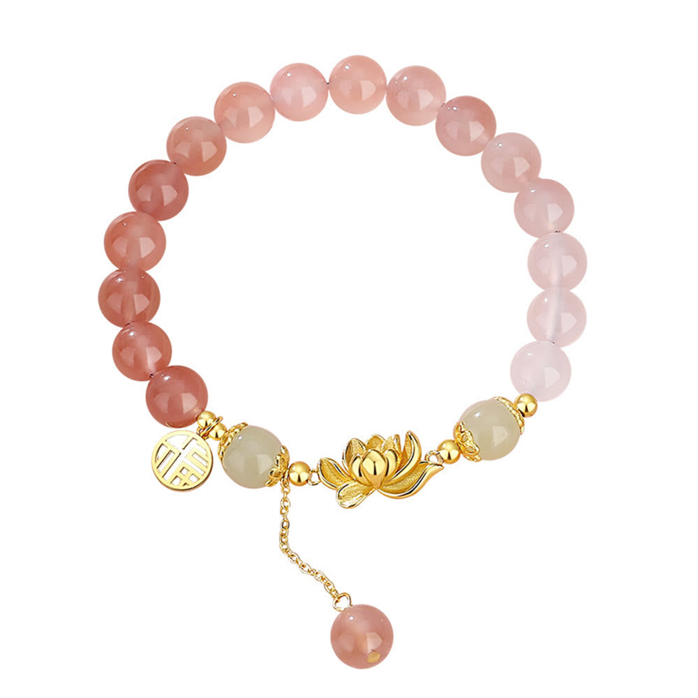 Agate & Hetian Jade Lotus Fu Bracelet – top-down white background, full circular view of pink ombré beads with gold charms