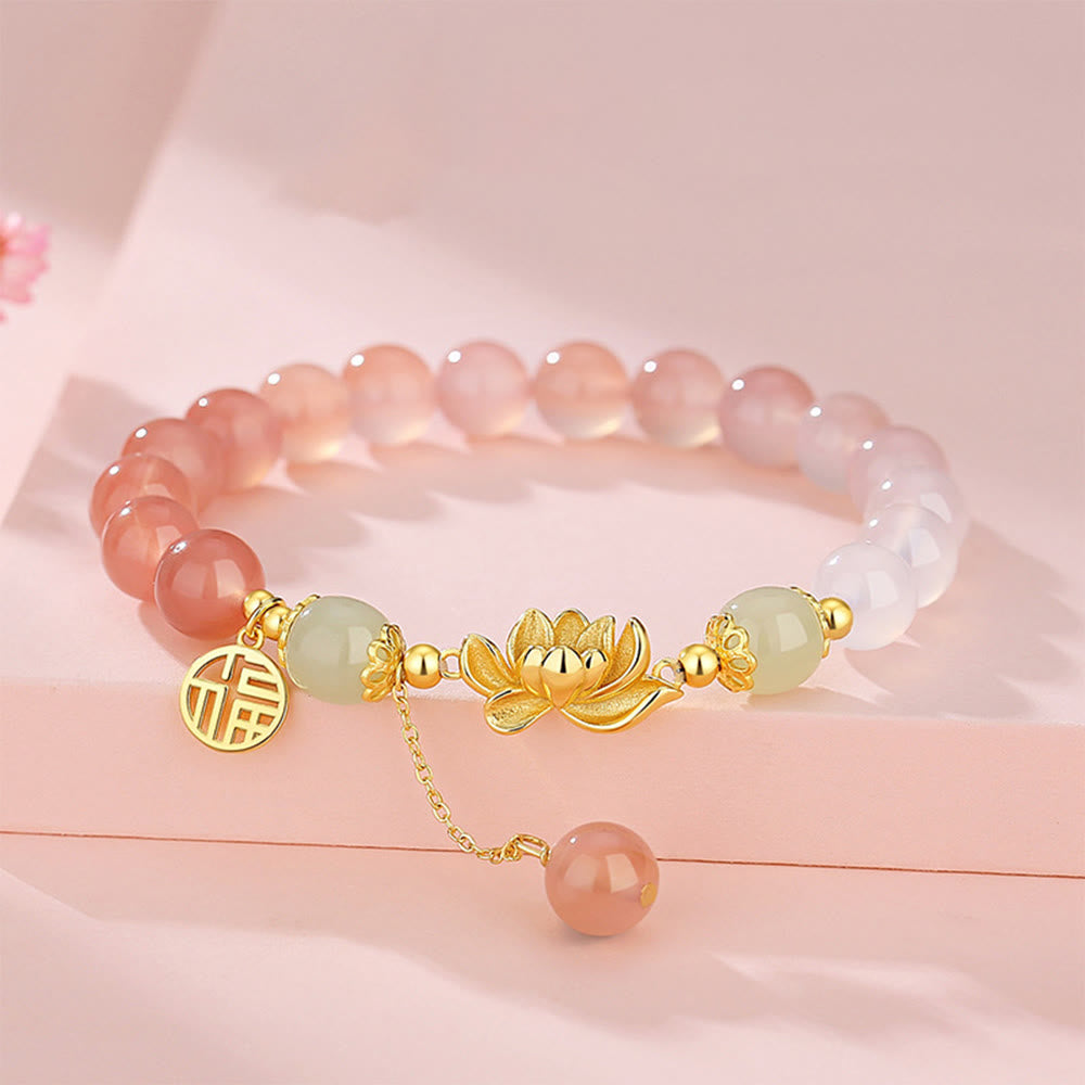 Agate & Hetian Jade Lotus Fu Bracelet – pink ombré beads with gold lotus charm and jade accents, rose quartz bracelet