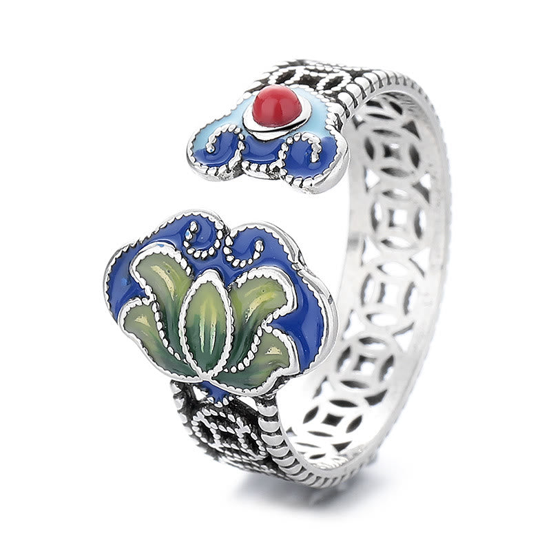 Lotus & Copper Coin Ruyi Adjustable Ring – white background, blue enamel lotus with translucent green petals and red stone, cloisonne ring