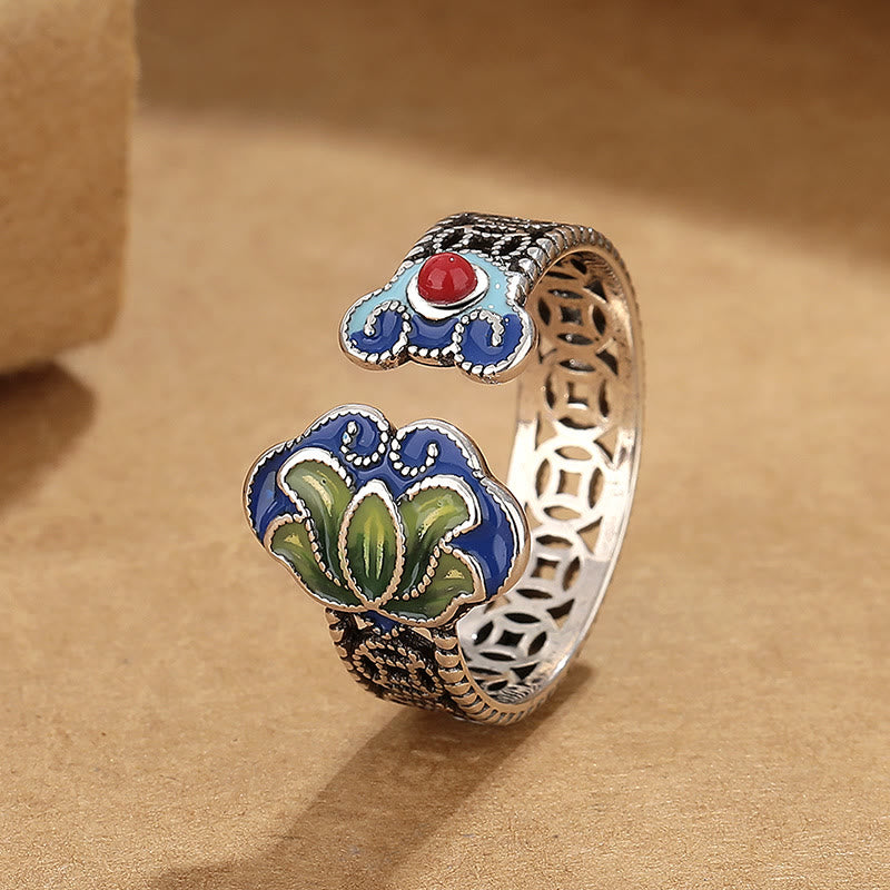 Lotus & Copper Coin Ruyi Adjustable Ring – cloisonne ruyi cloud with red stone and blue enamel lotus, adjustable silver ring