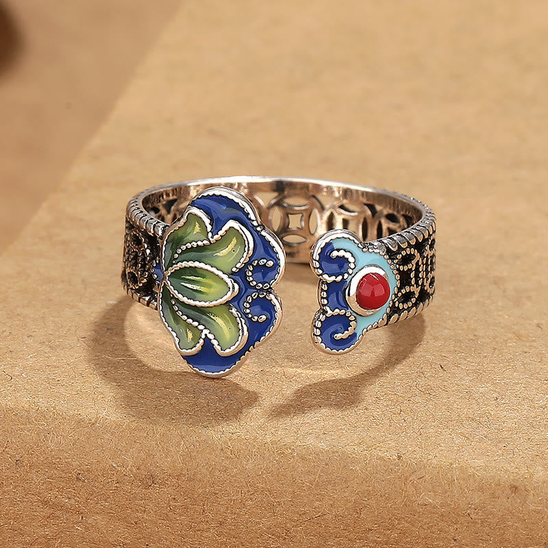Lotus & Copper Coin Ruyi Adjustable Ring – 45-degree view of open cuff band with lotus and ruyi terminals, silver filigree ring