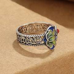 Lotus & Copper Coin Ruyi Adjustable Ring – side profile showing green enamel lotus petals and blue ruyi motif, statement ring