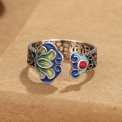 Lotus & Copper Coin Ruyi Adjustable Ring – 45-degree view of open cuff band with lotus and ruyi terminals, silver filigree ring