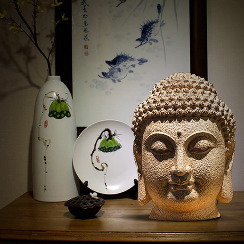 Meditating Buddha Head Statue – textured hair curls ushnisha crown resin sculpture