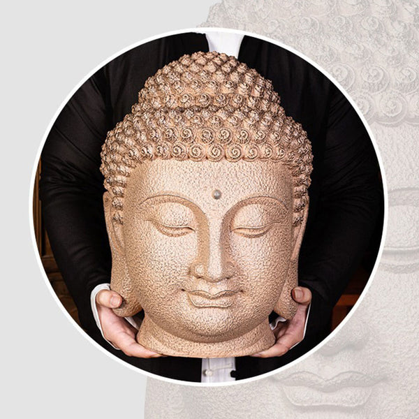 Meditating Buddha Head Statue – comparison with hand showing large scale statement piece